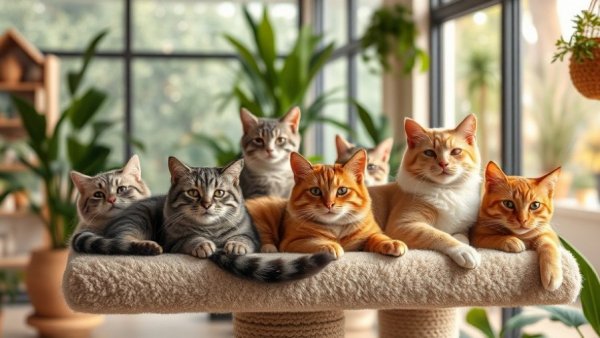 Modern cat cafe home designs with cats on tree.