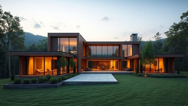 Luxury homes in Michigan: Modern wooden exterior amidst greenery.
