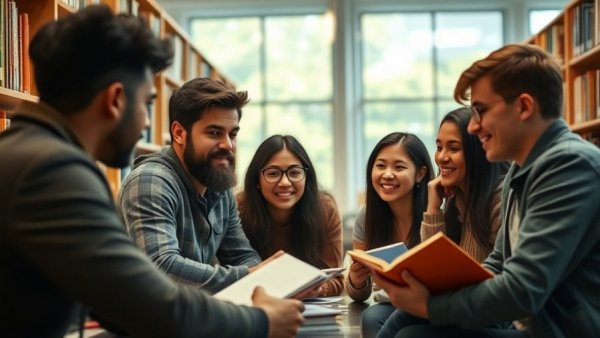Young adults in a library discussing sustainable AI innovations.