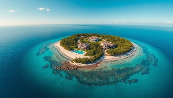 Exclusive island real estate surrounded by serene blue waters.