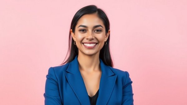 Professional woman in blue blazer, smiling confidently in a studio setting.
