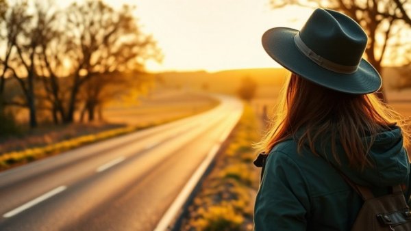 Slow Travel in Michigan: Woman on quiet road at sunset