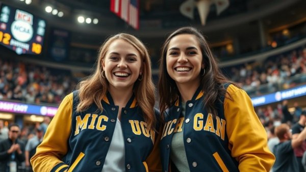 Young women in Michigan varsity jackets at NCAA championship, smiling.
