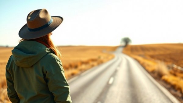 Michigan slow travel scenic view with rural road and traveler.