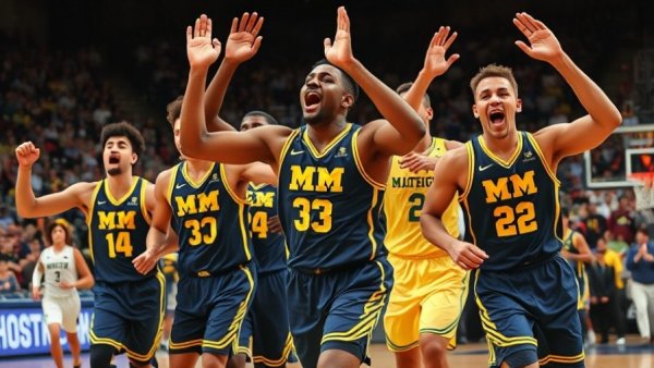 Michigan basketball players celebrate during NCAA Tournament game