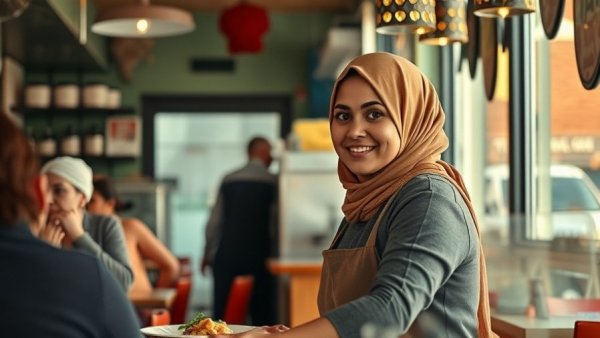 Woman working in a traditional restaurant, serving customers.