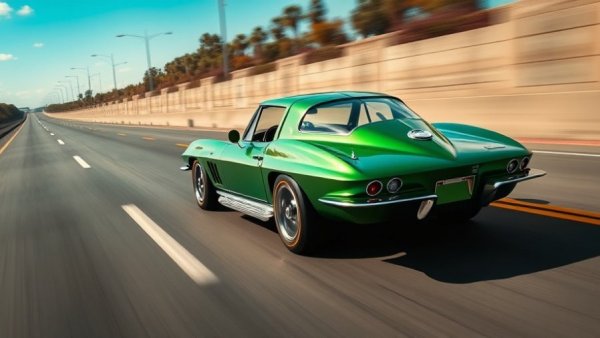 Vintage 1967 Corvette in dynamic motion blur on a highway.