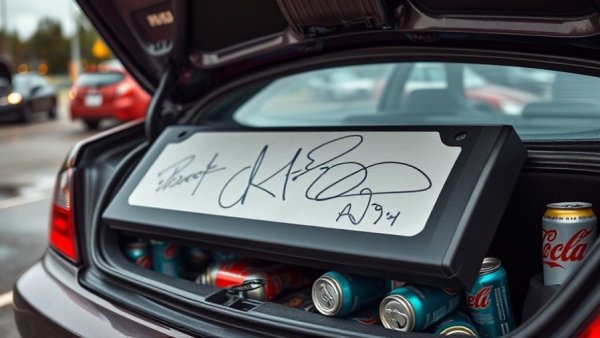 Car trunk with signed part at local automotive community meet.