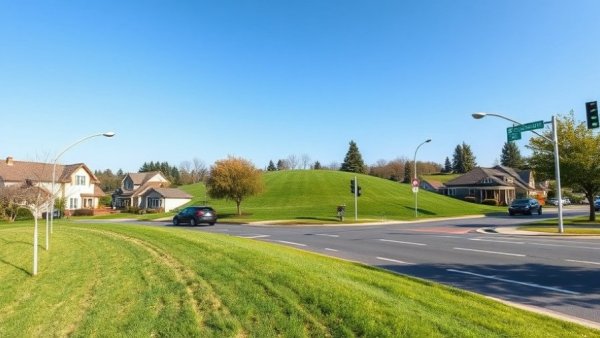 Suburban street scene in Shelby MI with lawn, road, and traffic lights.