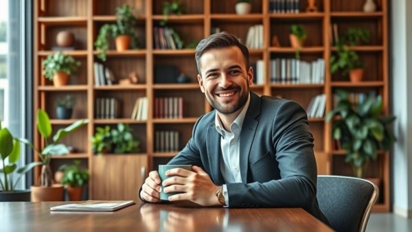 Professional rental administration setting with office and business person.
