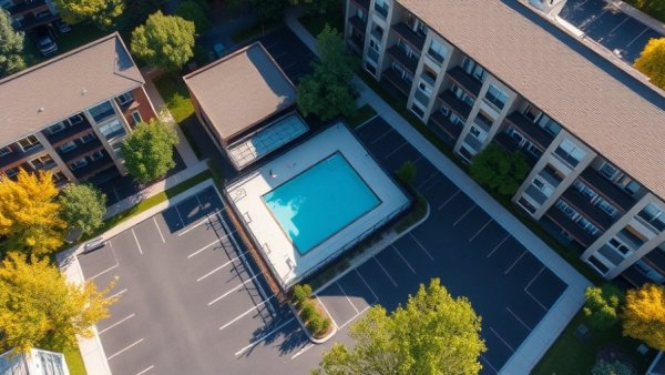 Aerial view of apartment complex showcasing AI property management innovations.