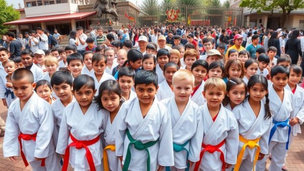 Karate belt event in Gurnee with children in uniforms and community gathering