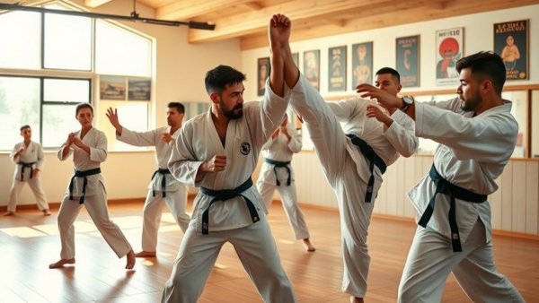 Martial arts class in Gurnee with students practicing high kicks in a dojo.