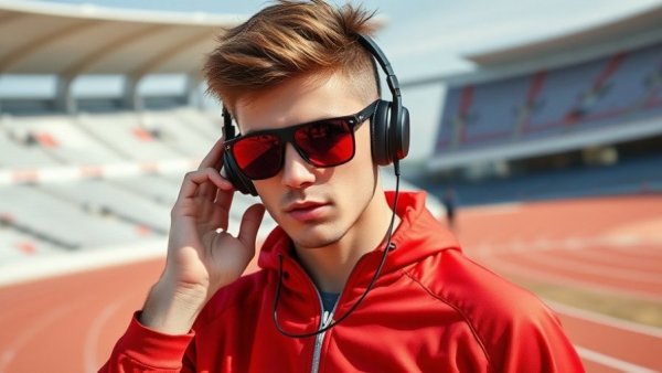 Young man adjusts headphones at race track in vibrant red sportswear.
