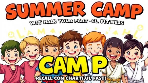 Colorful summer camp poster with happy kids, promoting play.