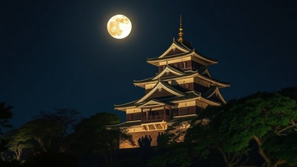 Cherry Blossoms in Oita City: Night view of illuminated Japanese castle.