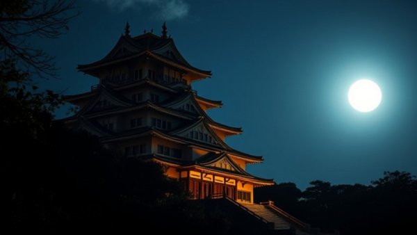 Japanese castle at night with bright moon in Oita City.