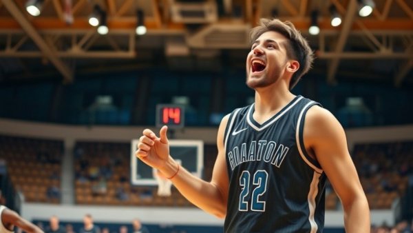 Excited basketball player on court celebrating play.