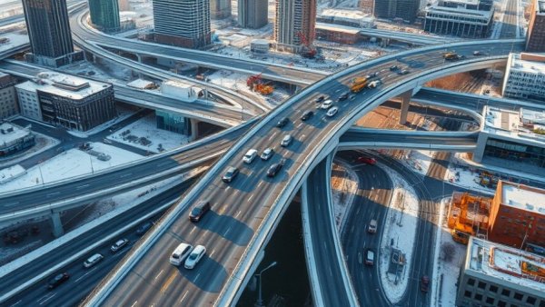 Aerial view of Michigan highway interchange and cityscape in winter.