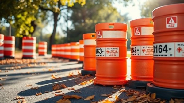 Close-up of construction barrels in Michigan road project.