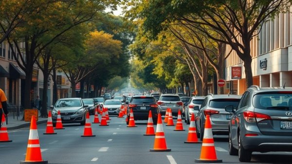Michigan transportation construction updates scene with traffic and cones.