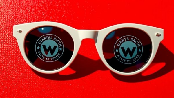 Retro style sunglasses reflecting logos on red background for AI-powered ads.