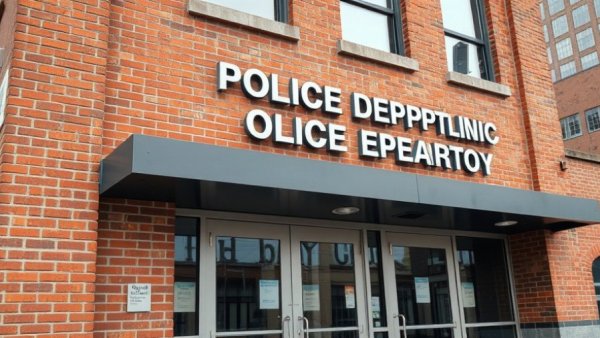 Close-up of Grand Rapids Police Department building facade.