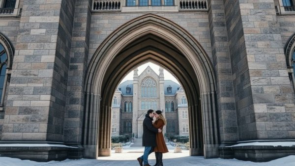 University of Michigan law school in winter with couple embracing.