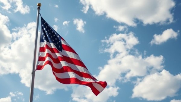 American flag waving in the blue sky with clouds.