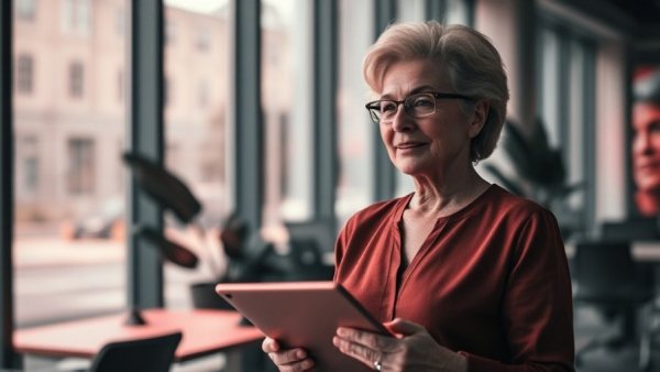 Confident older woman exploring Silver Economy business ideas in modern office.