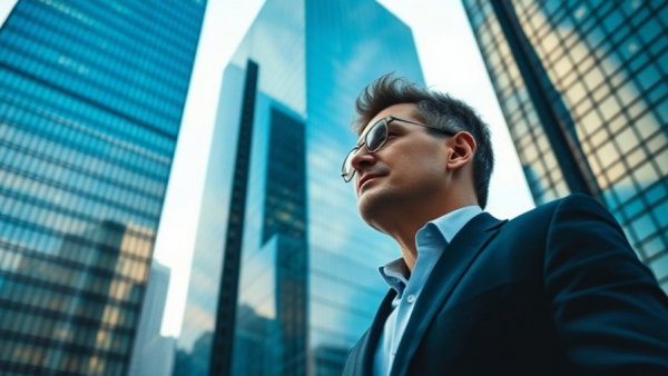 Businessman contemplating opportunities in Michigan business district.