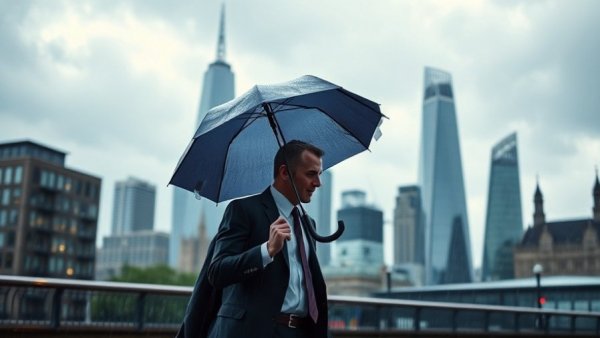 April costs crunch impact on business confidence depicted by a businessman in rainy cityscape.