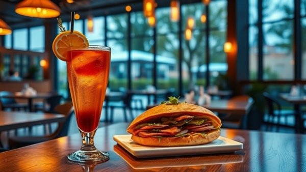 Chic Michigan restaurant near me, featuring elegant interior, cocktail, and sandwich.