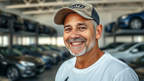 Brandon Schaefer in an automotive showroom with cars displayed behind.