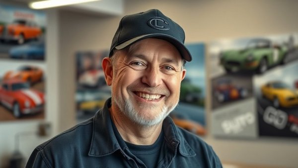 Smiling man in cap with automotive posters in background.