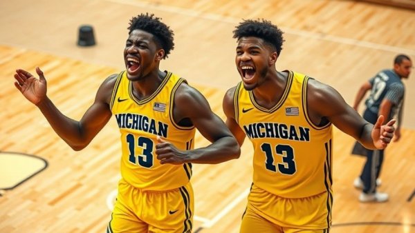 Basketball players in Michigan uniforms celebrating team success.