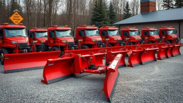 Red snow plows lined up for snow removal services in Muskegon.