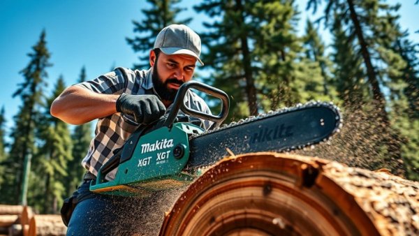 Worker using Makita XGT 20" Chainsaw, cutting log outdoors.