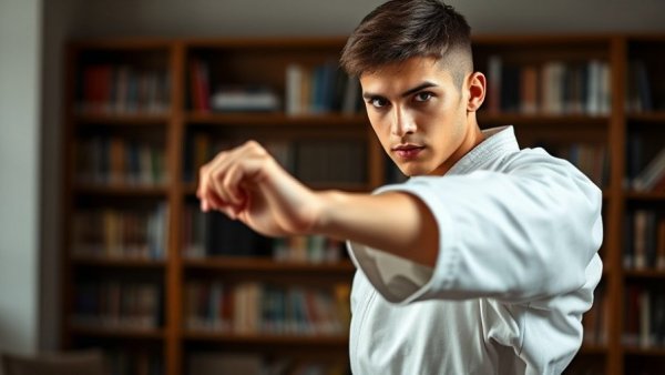 Karate champion in library demonstrating a confident stance.