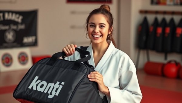 Smiling female athlete with karate sponsorship bag in dojo