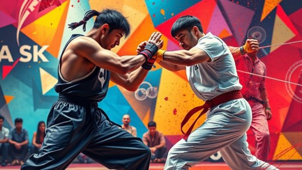 Vibrant martial arts duel in abstract setting, martial arts classes Gurnee.