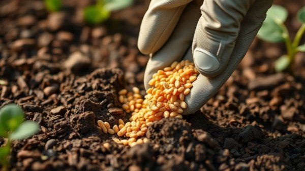 Gloved hand scattering fertilizer granules on garden soil for lawn fertilization.