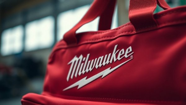 Close-up of Milwaukee tool bag highlighting logo detail.