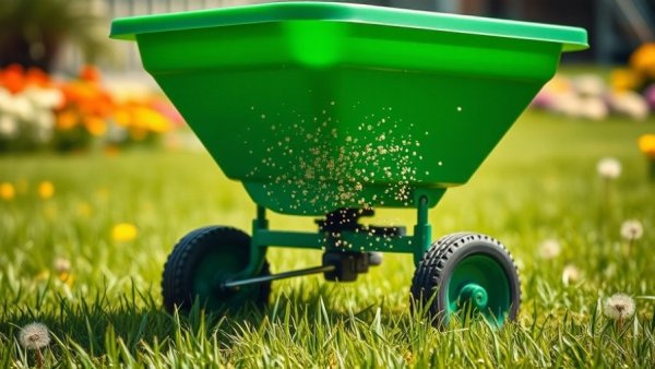 Summer lawn fertilization with green spreader on sunny day.