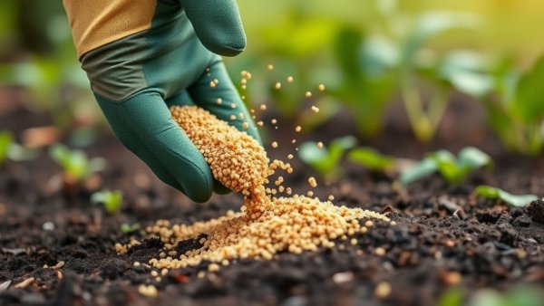 Maryland Lawn Fertilizer Law: Gloved hand spreading fertilizer on soil.