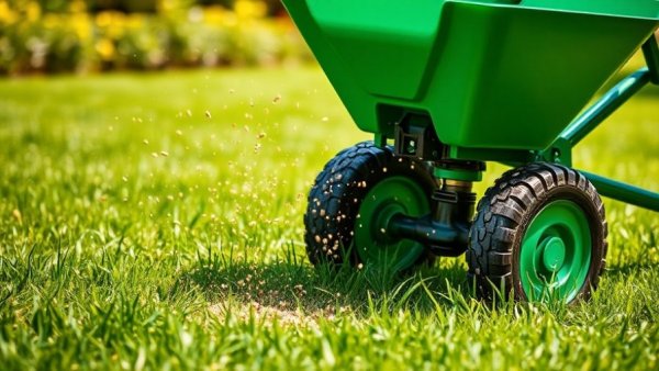 Lawn fertilization and weed control services in Muskegon with a fertilizer spreader.
