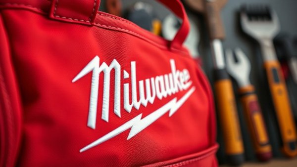 Red Milwaukee tool bag with logo for lawn fertilization and weed control services Muskegon.