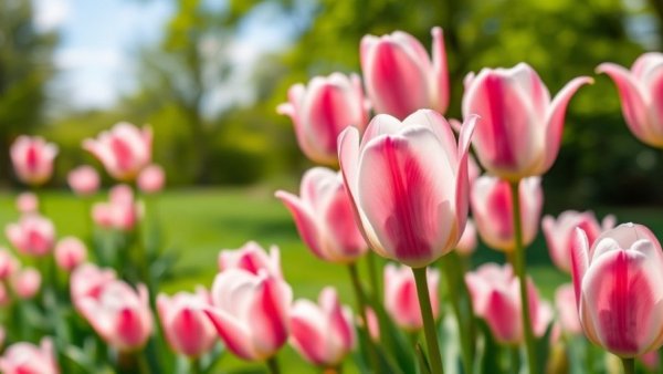 Perennial tulips that come back every year, blooming in a garden under a blue sky.