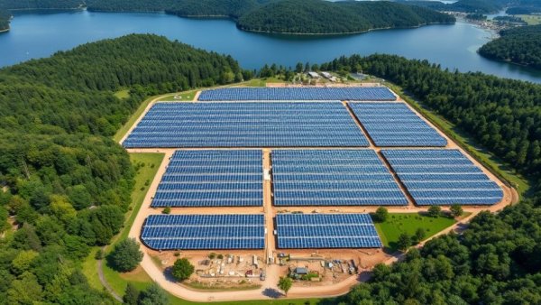 Aerial view of a solar farm under construction in Michigan, showing grid patterns.