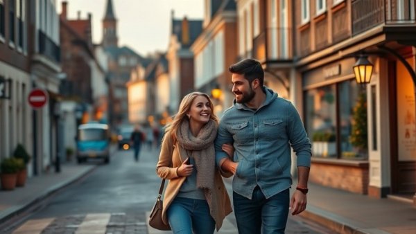 Family walking down charming street in Battle Creek Michigan during sunset.
